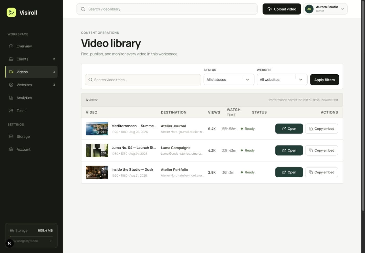 Visiroll video library with search, website filters, statuses, and embed actions