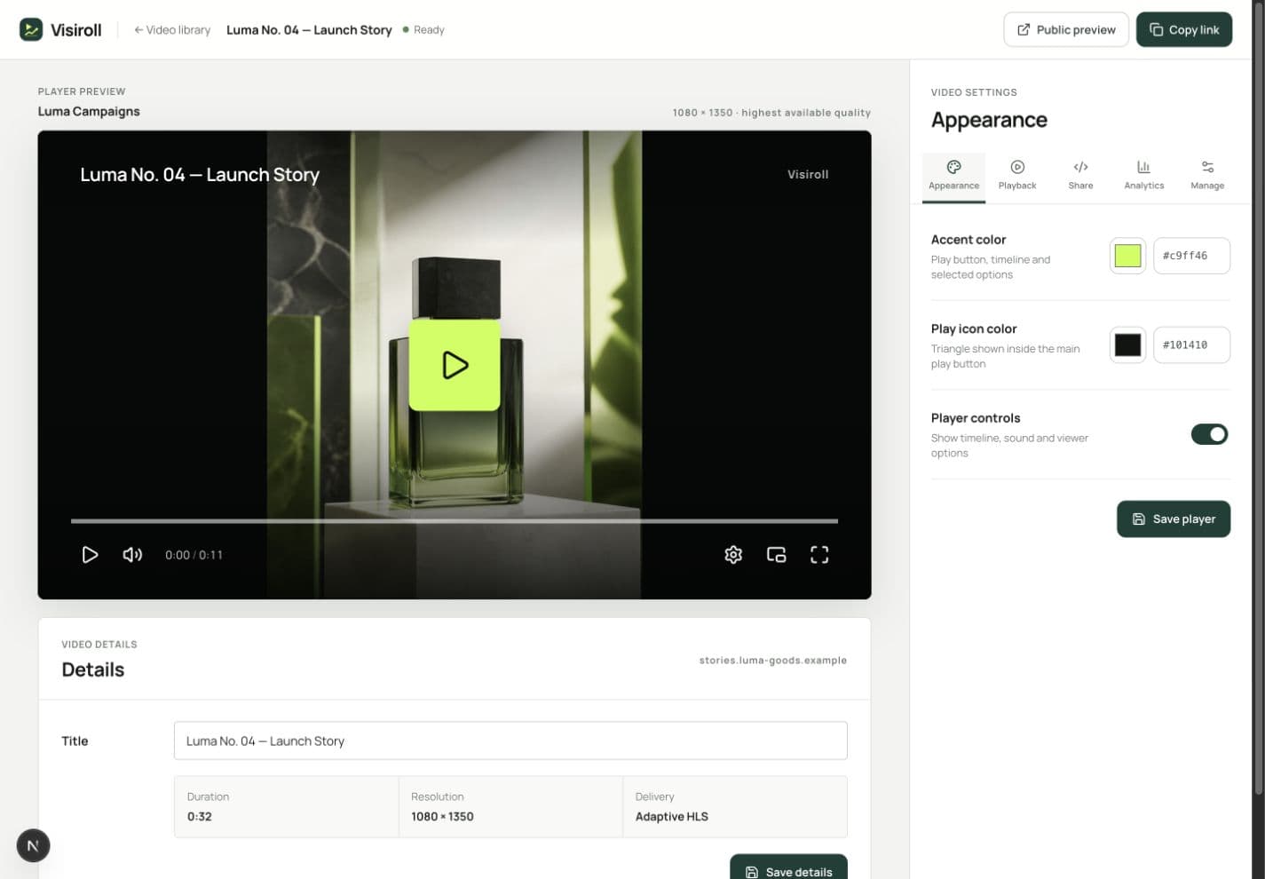 Visiroll Video Studio with a vertical video preview and player customization controls