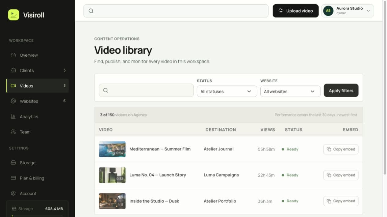 Actual Visiroll video library with fictional account data