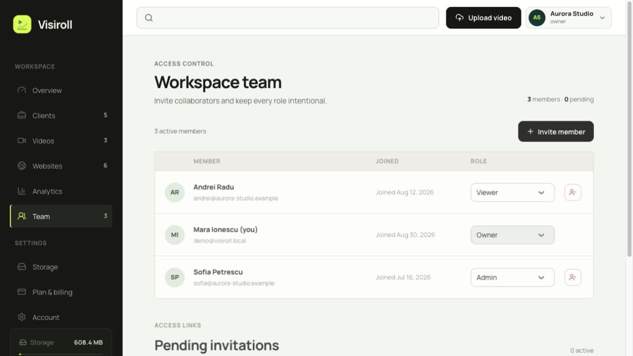 Visiroll team roles for the fictional Aurora Studio workspace