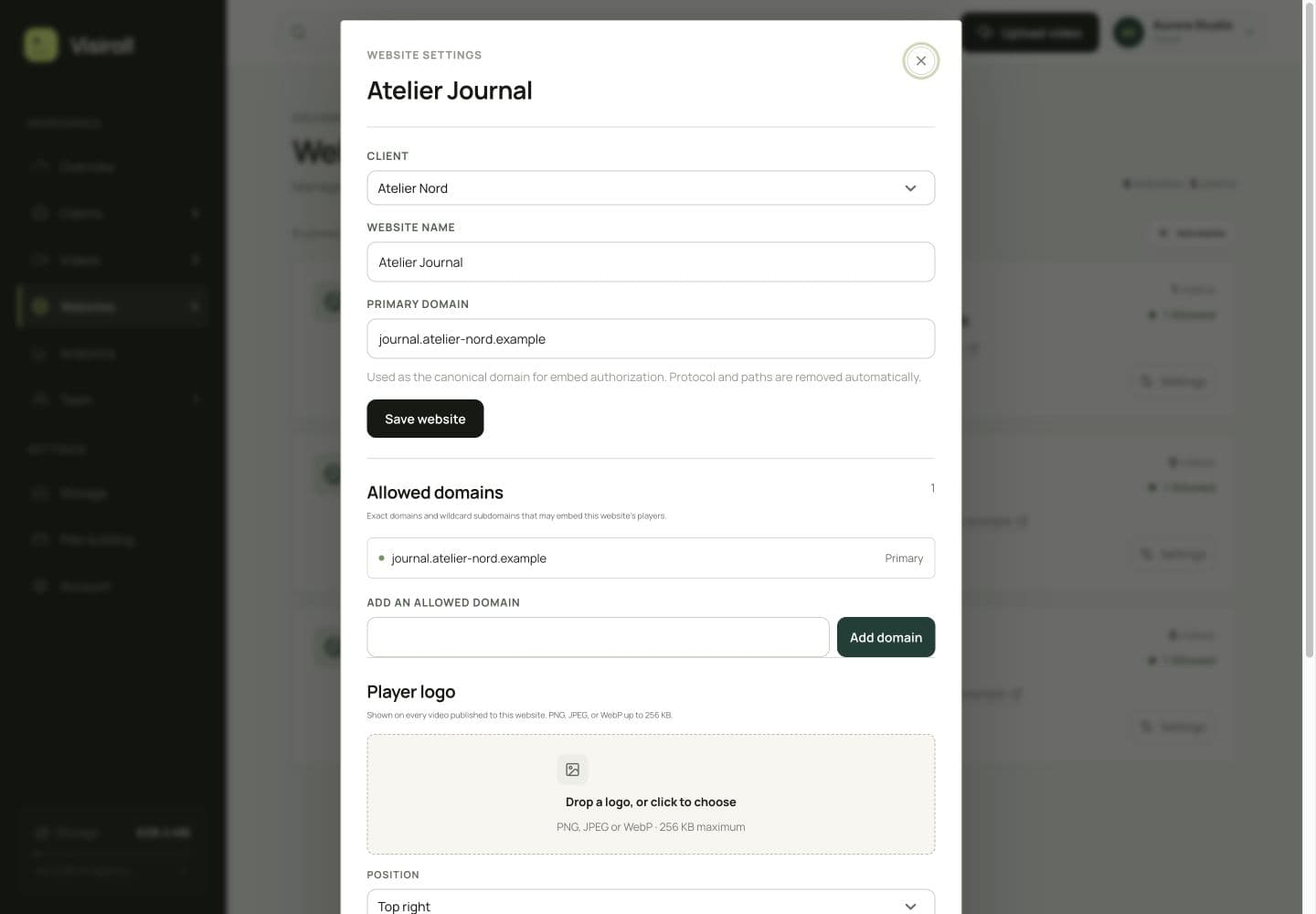 Actual Visiroll website settings showing allowed embed domains for a fictional client