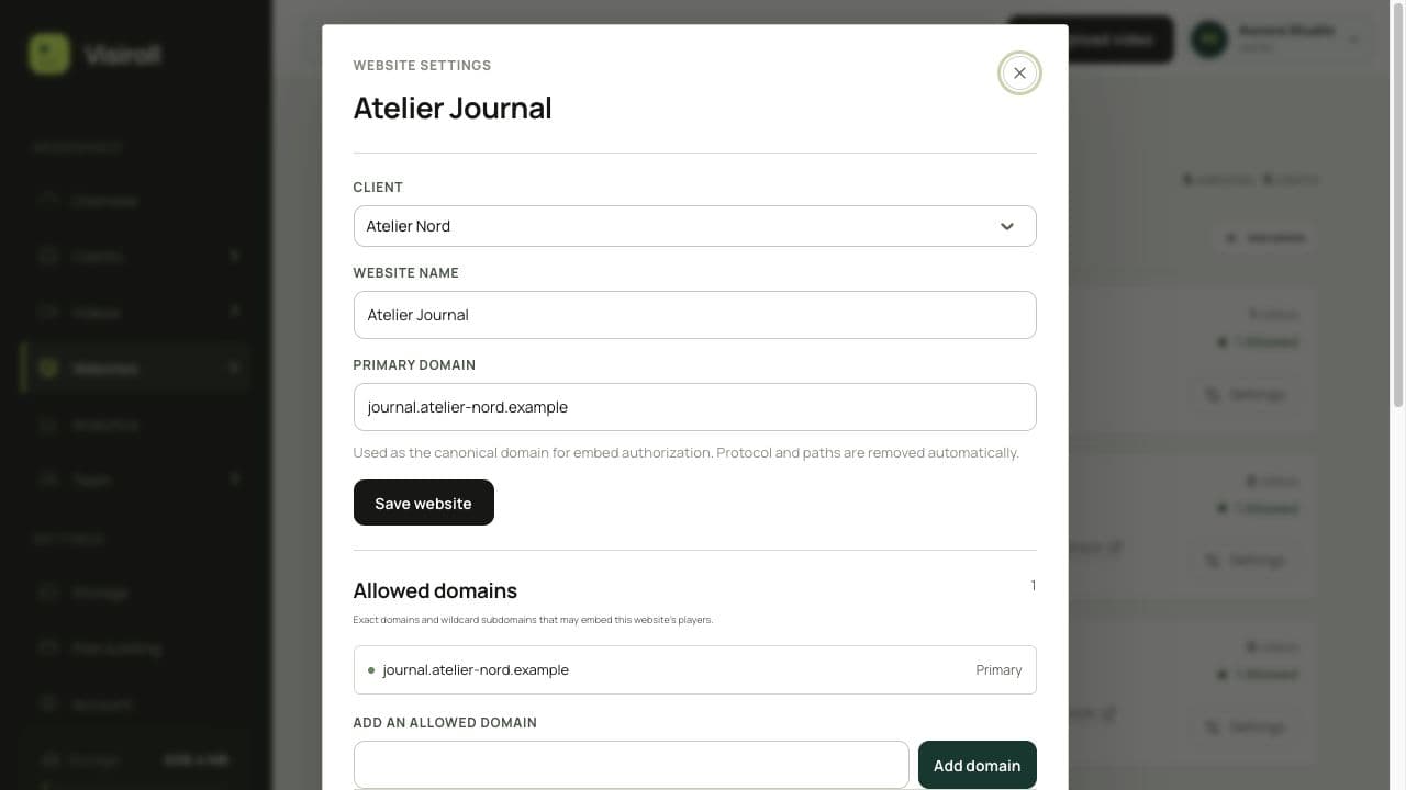 Actual Visiroll website settings showing allowed embed domains for a fictional client