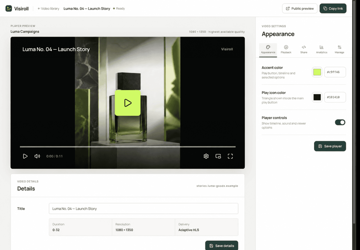 Visiroll video settings used before embedding a video in WordPress