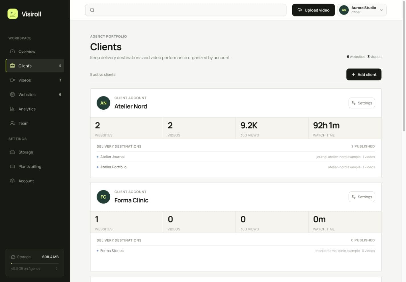 Visiroll client portfolio populated with fictional Aurora Studio clients